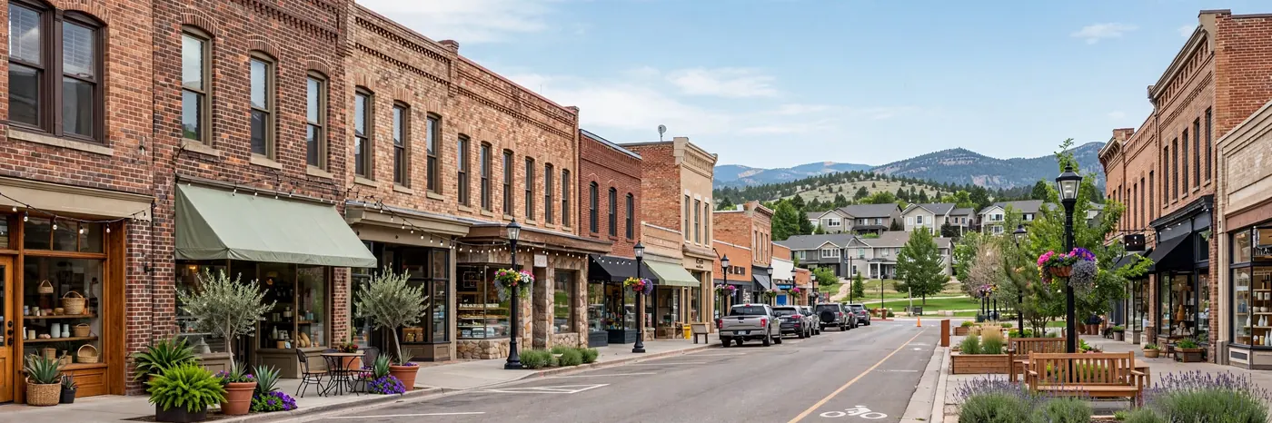 Historic brick buildings on a street in Old Littleton, Colorado