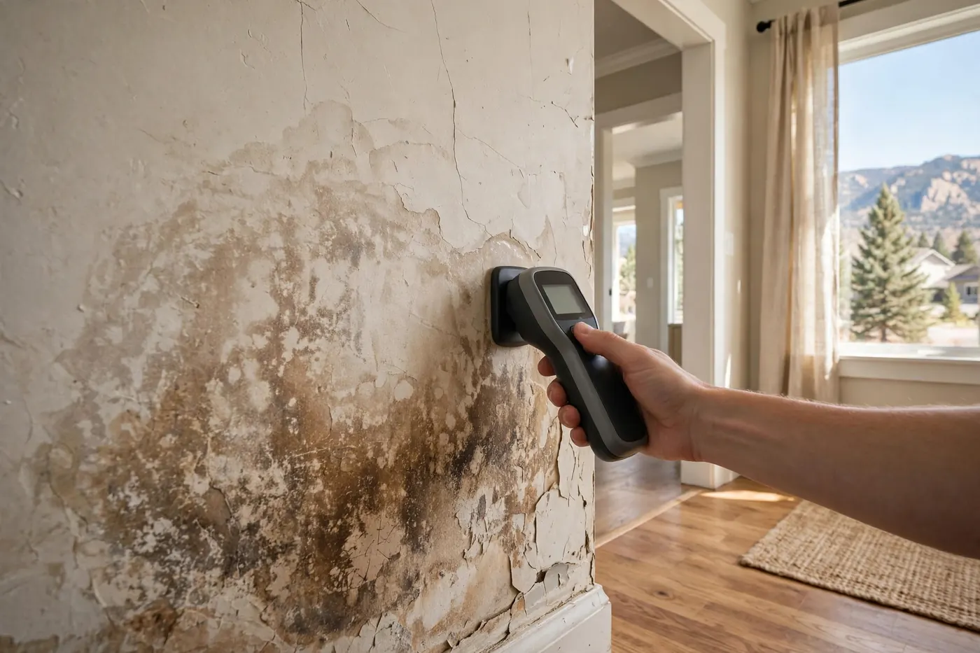 Water stain on a plaster wall in a historic Littleton home checked with a moisture meter
