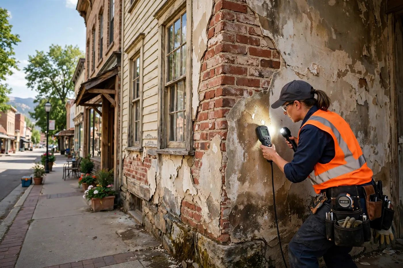 Technician inspecting a brick and plaster wall in a historic home near Historic Downtown