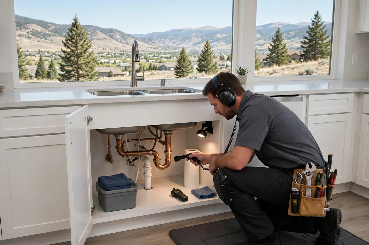Technician testing under a kitchen sink for slab leak signals in Ken Caryl