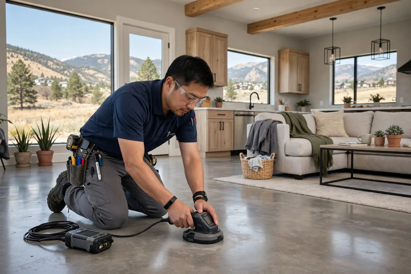 Technician pressing an acoustic sensor to a concrete floor in Ken Caryl