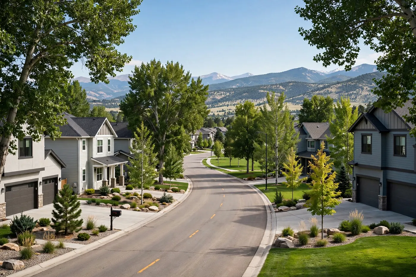 Tree-lined Littleton, Colorado neighborhood street with mountain views