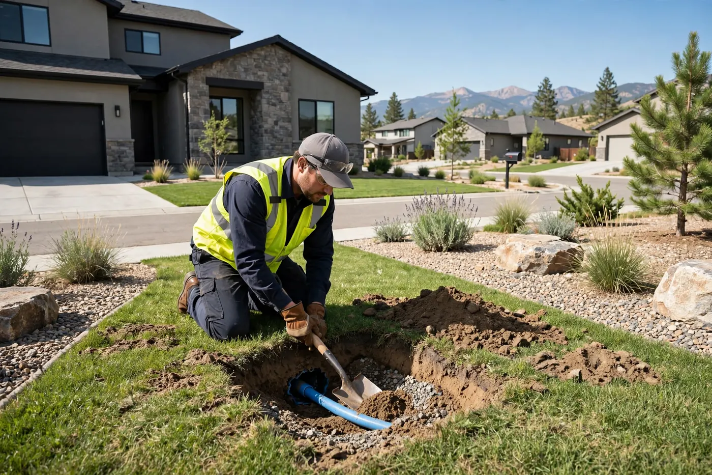 Technician exposing an underground water line in a front yard for testing