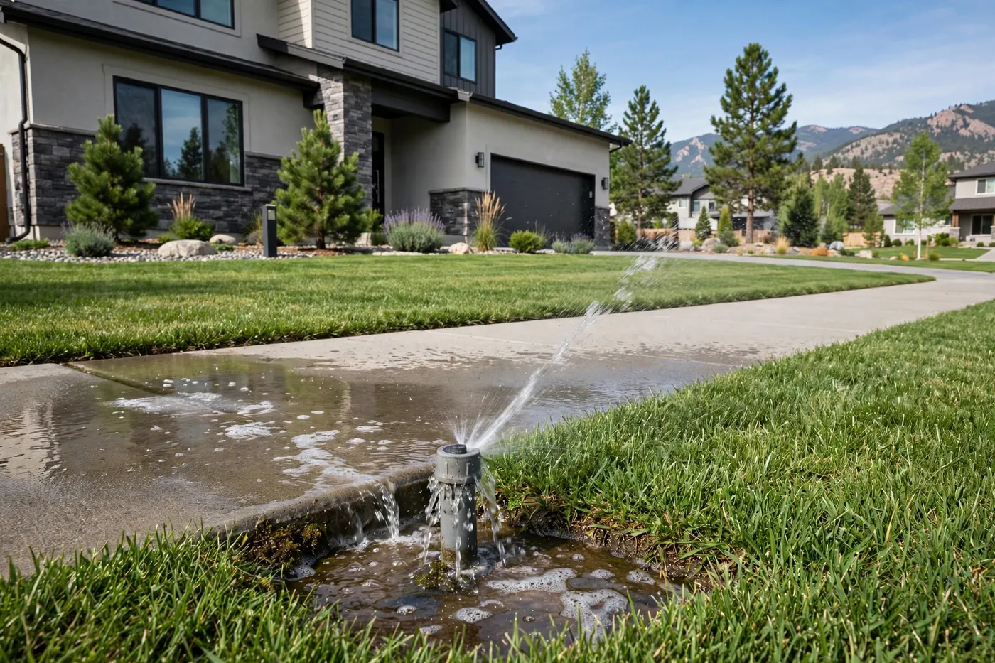 Sprinkler head leaking water onto a sidewalk in a suburban Littleton lawn