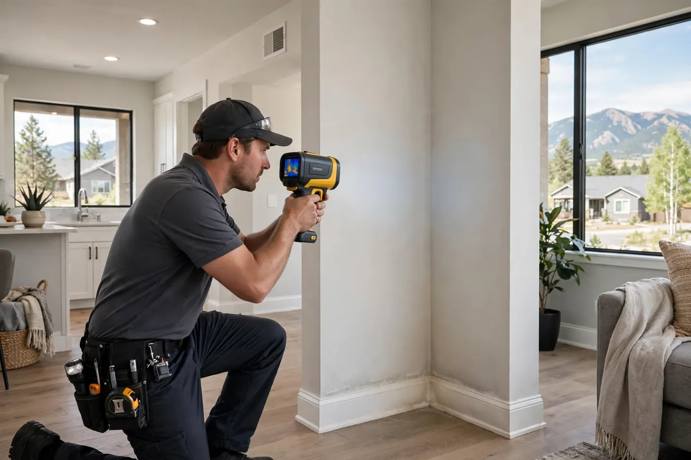 Technician aiming a thermal imaging camera at a wall to check for hidden leaks