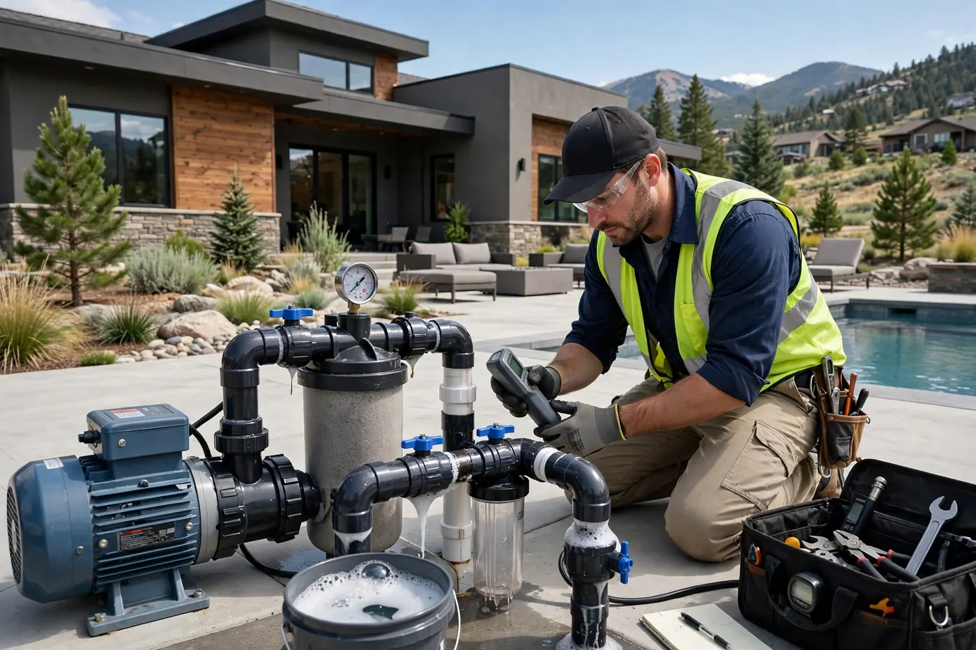 Technician testing pool pump and filter lines for leaks at a Ravenna home