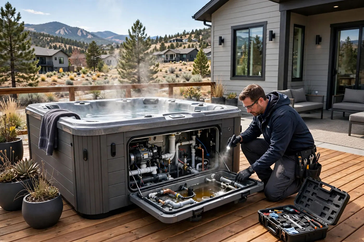 Technician inspecting the access panel of a hot tub on a deck in Ravenna