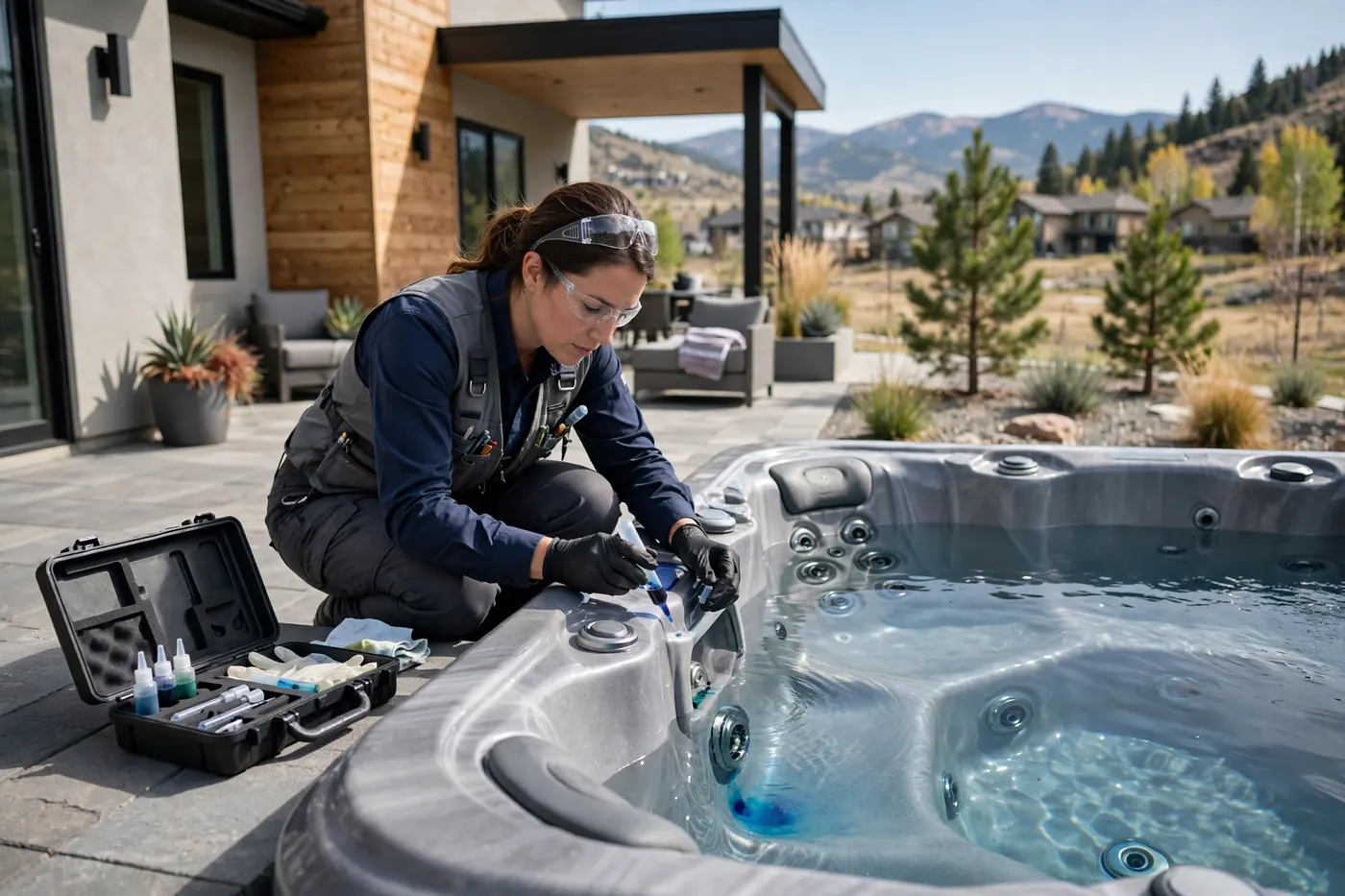 Technician dye-testing a spa jet fitting beside a hot tub in Ravenna