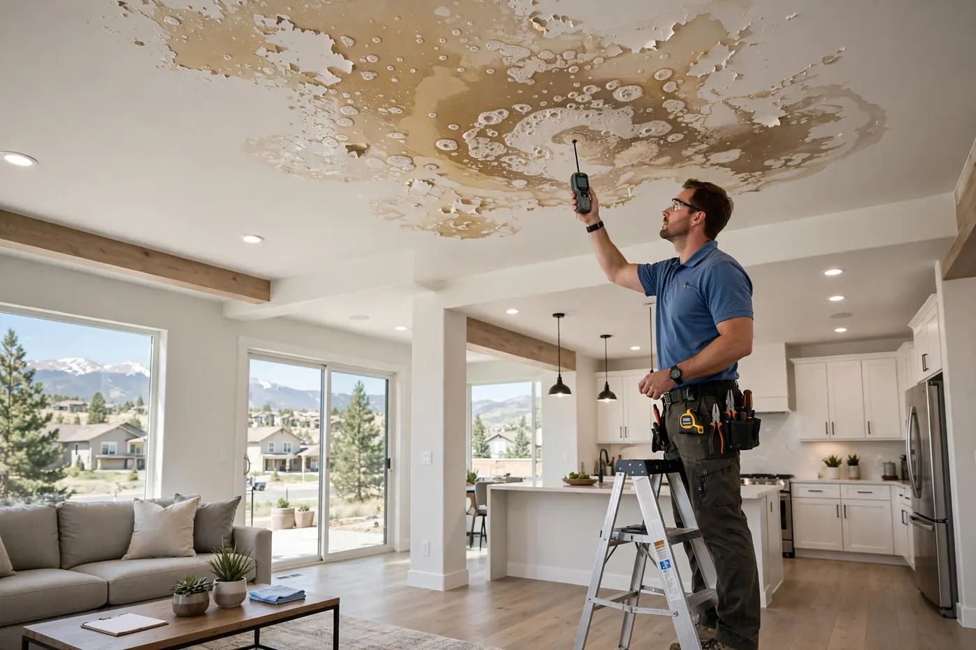 Technician measuring a ceiling water stain from a step ladder in Ridgeview Hills