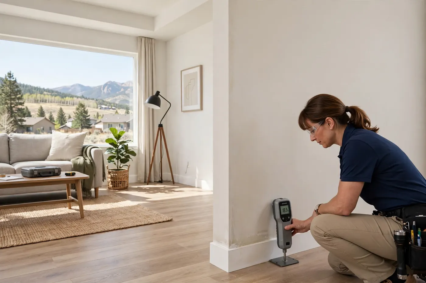 Technician scanning a living room wall with a moisture meter in Ridgeview Hills