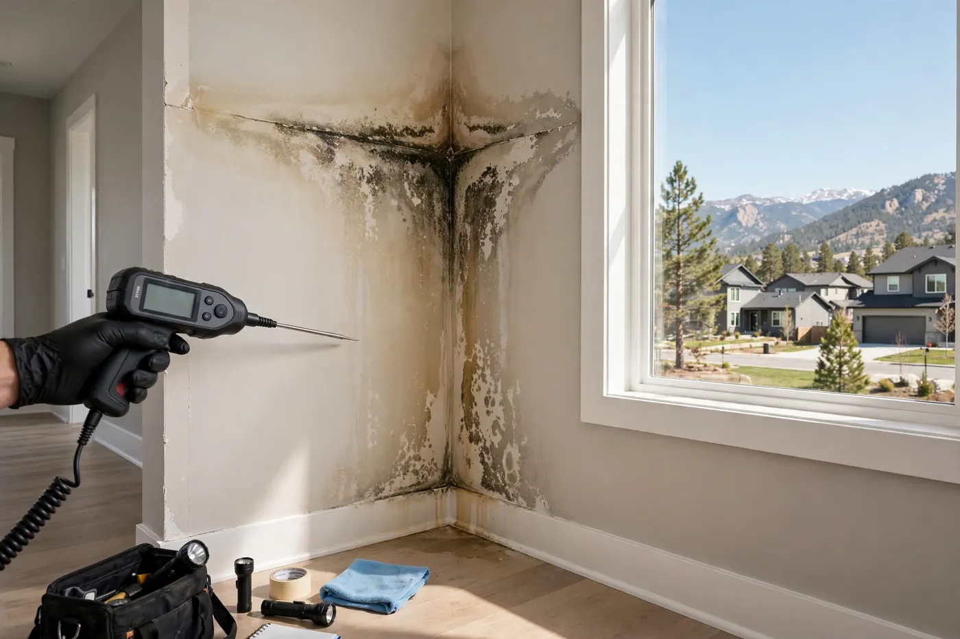 Technician probing a water-stained drywall corner during an inspection in Ridgeview Hills