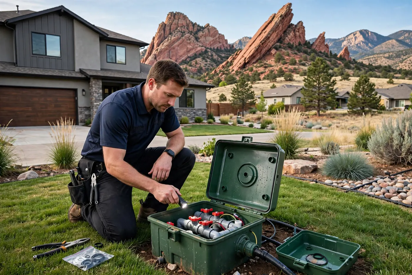 Technician checking an irrigation valve box near Roxborough Park red rocks