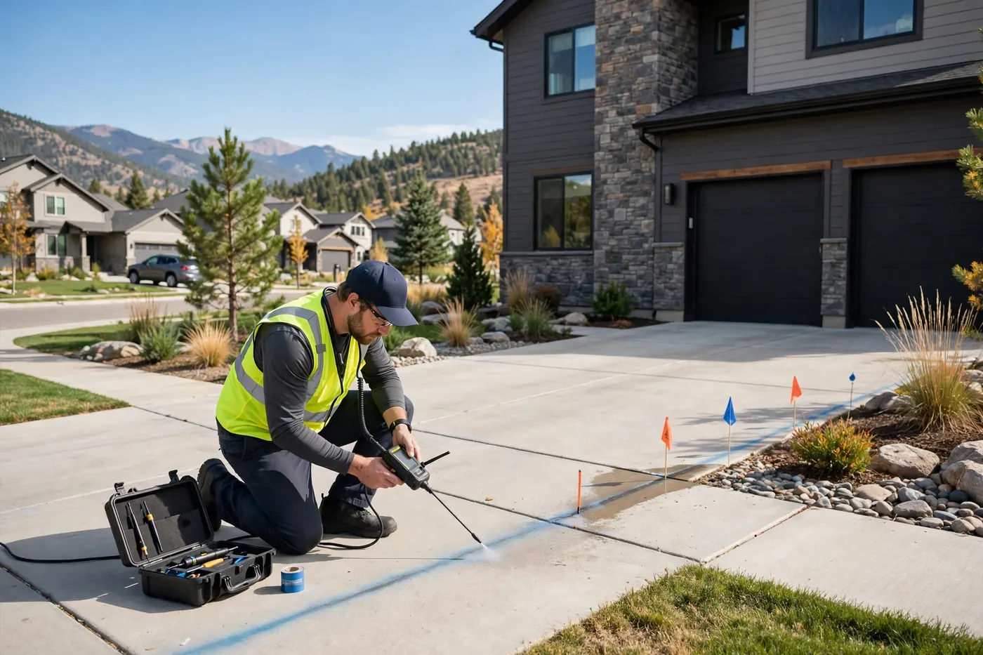 Technician tracing a water line under a driveway at a Roxborough Park home