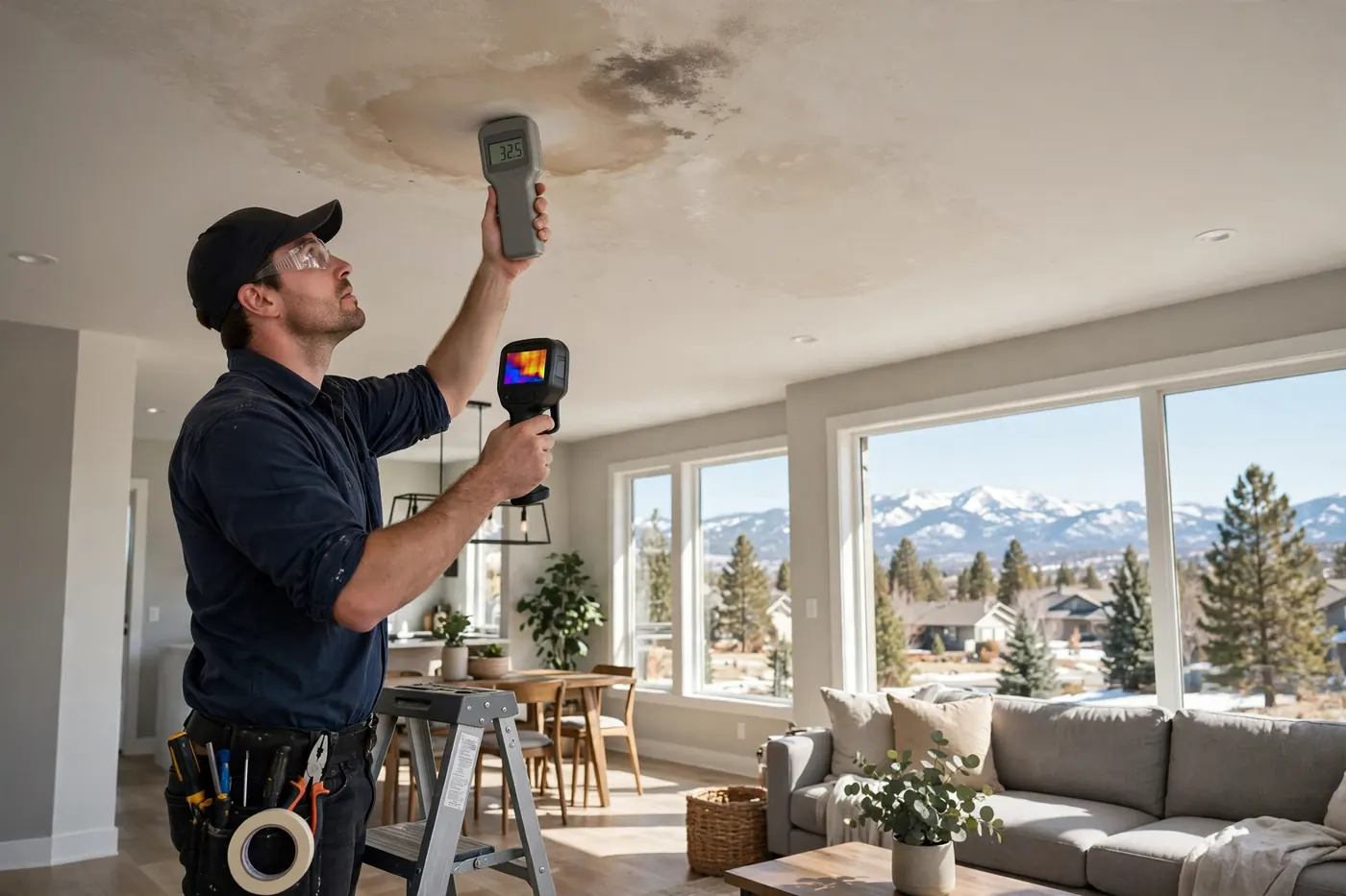Technician tracing a ceiling water stain with a moisture meter in Chatfield Bluffs
