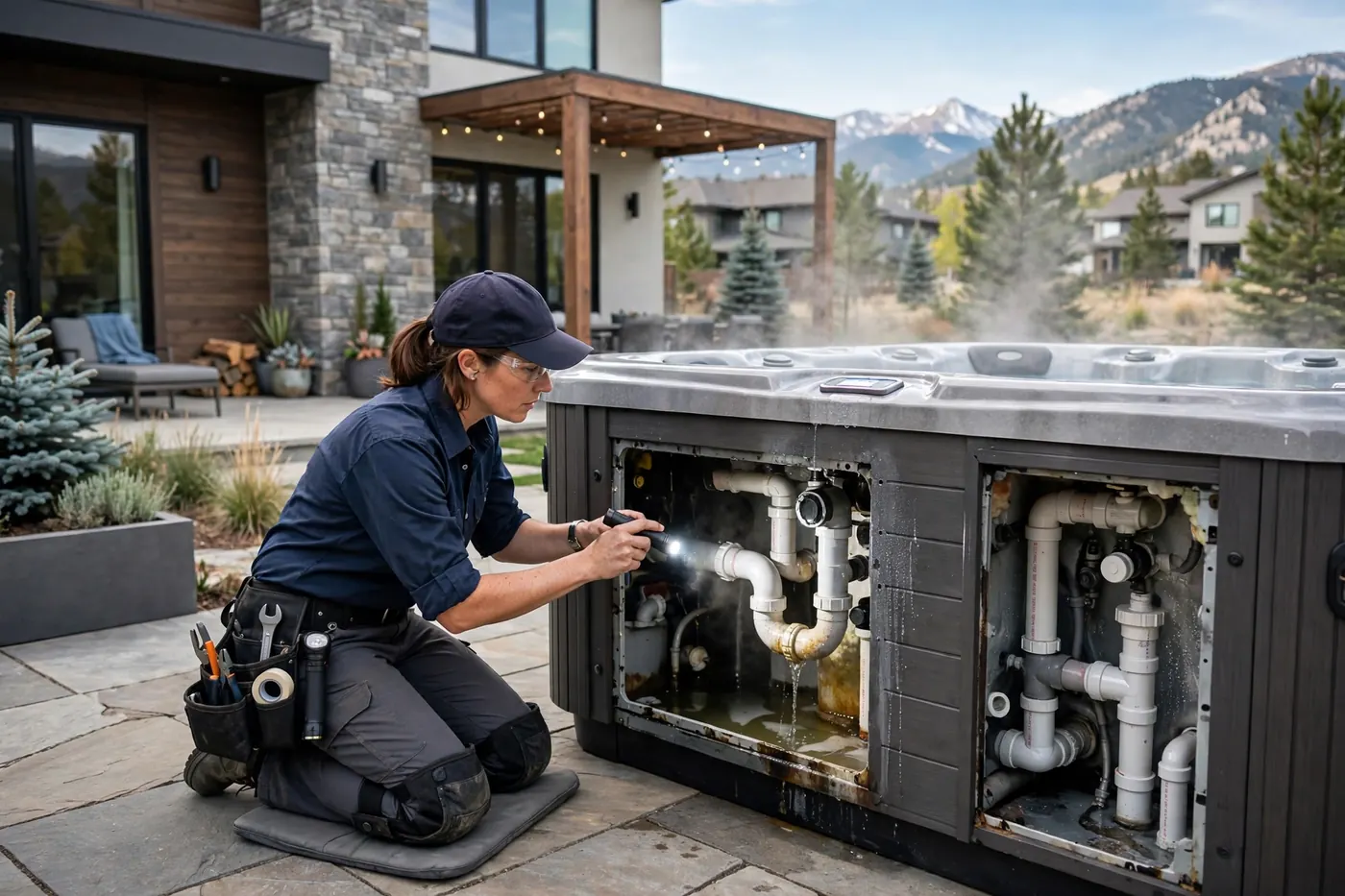 Technician checking a steaming hot tub side panel for leaks in Columbine Knolls