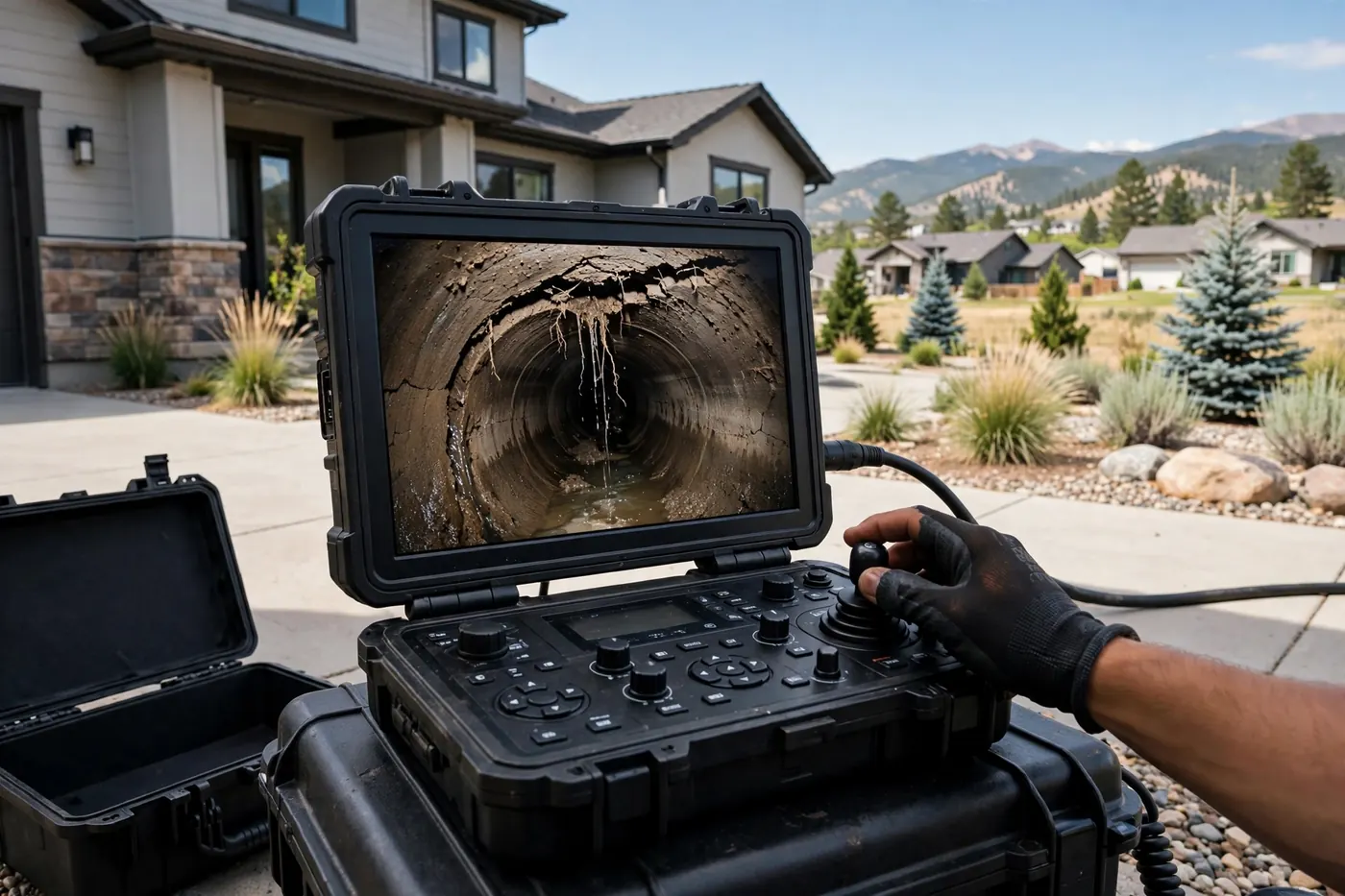 Sewer camera monitor showing a cracked underground pipe in Columbine Hills