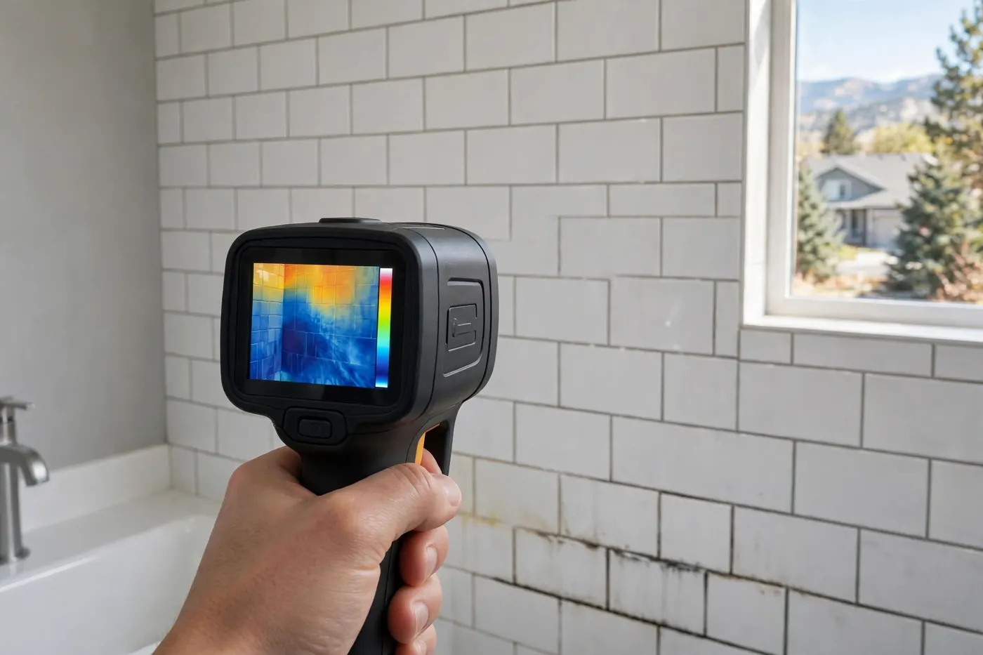 Thermal camera tracing hidden moisture behind bathroom tiles