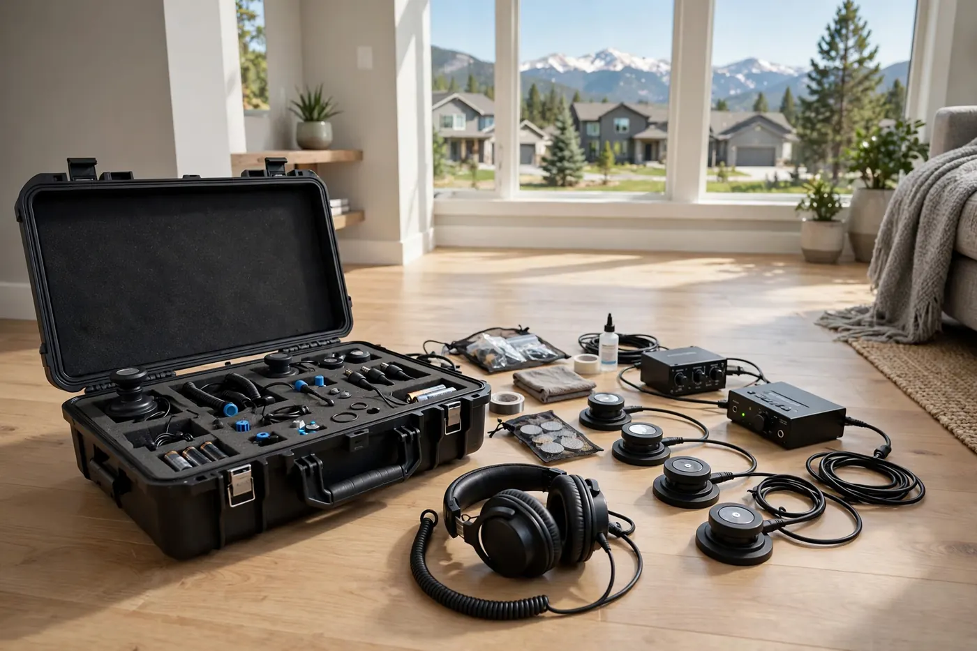 Acoustic leak detection equipment with headphones and sensors ready for a test