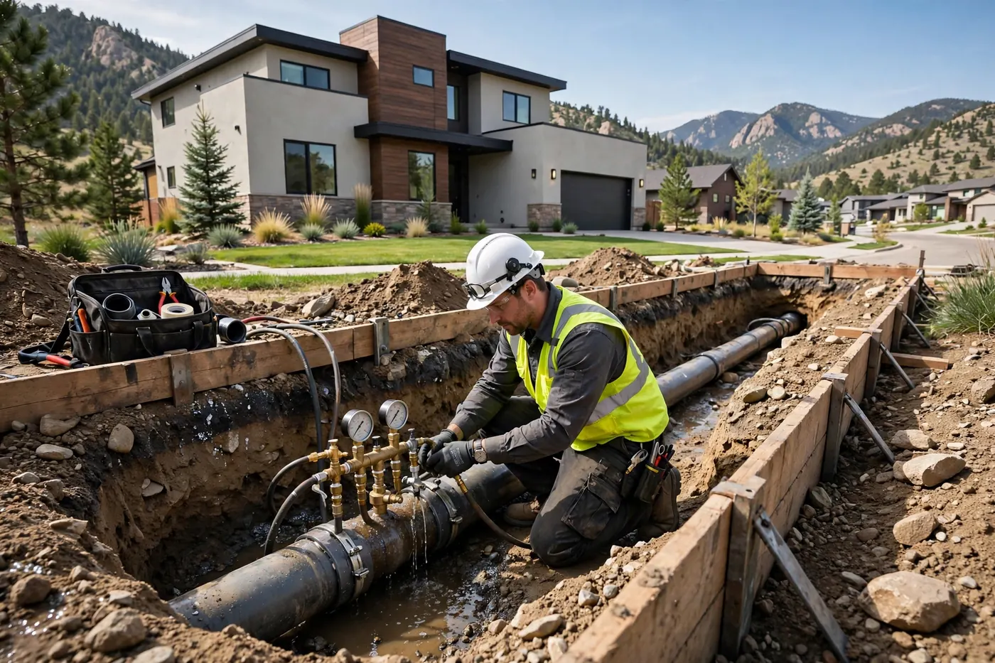 Technician pressure-testing an exposed underground pipe with gauges