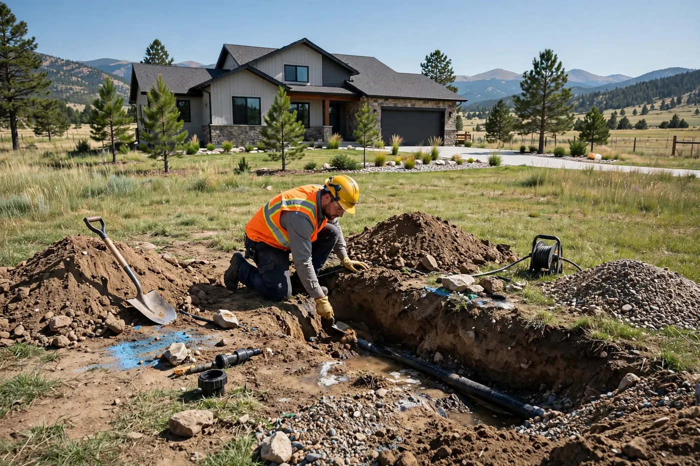 Technician exposing a buried main water line in a large yard in Shadycroft Acres