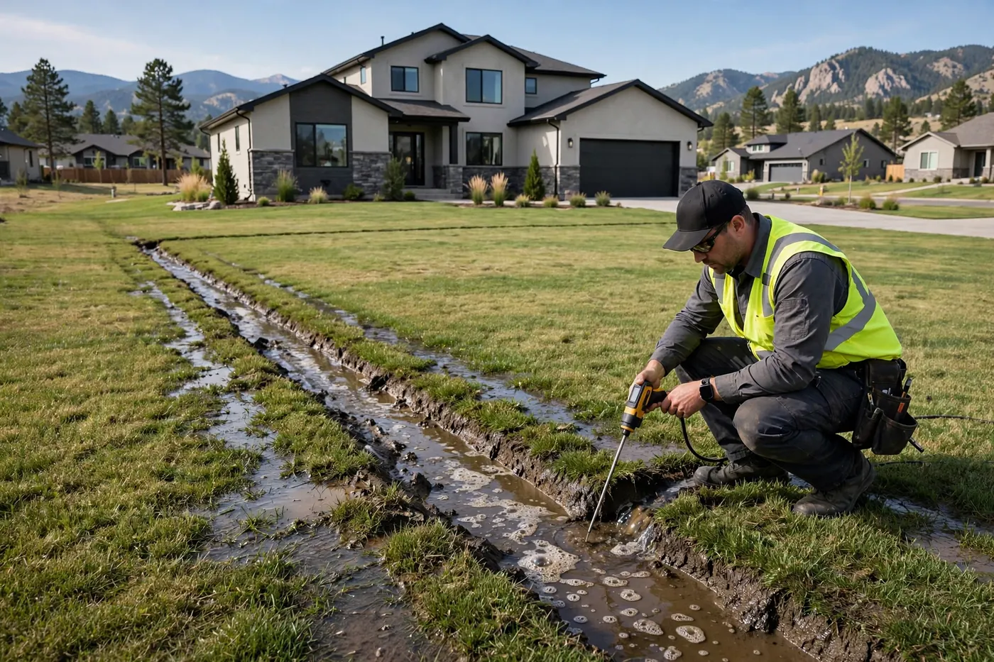 Wet trench line across a big lawn marking a buried pipe leak in Shadycroft Acres