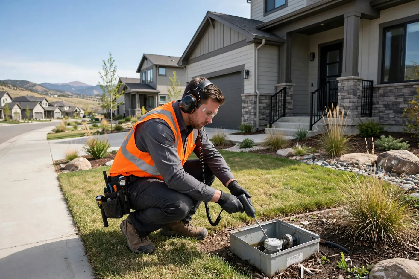 Technician testing a water line with acoustic gear at a Southglenn home
