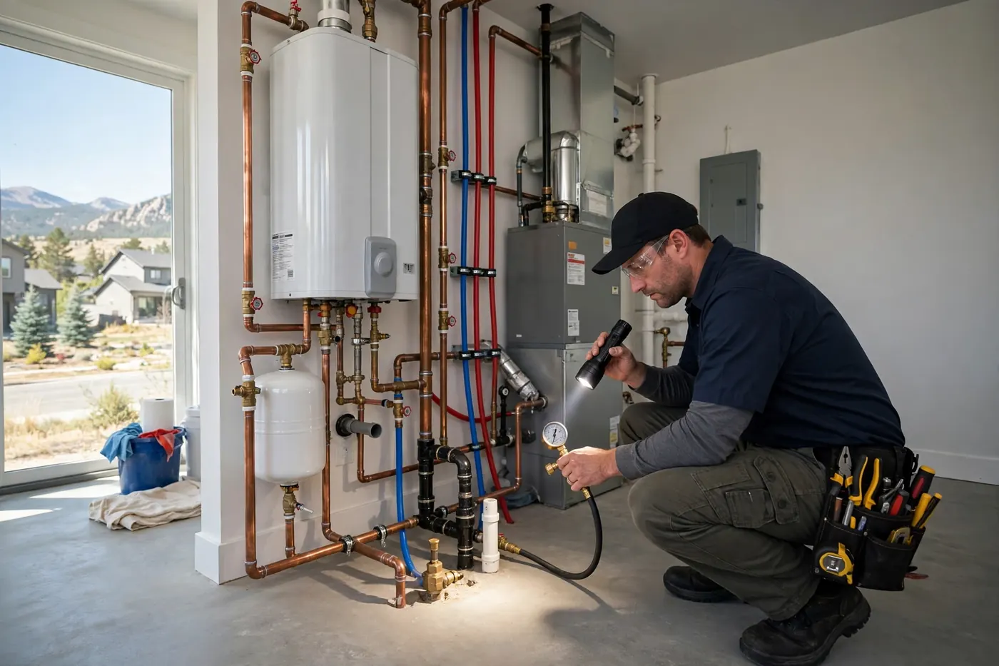 Technician inspecting a utility room for leaks at a Southglenn property