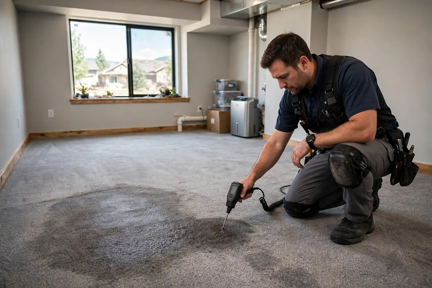 Technician probing a wet patch on basement carpet at a Sterling Ranch home