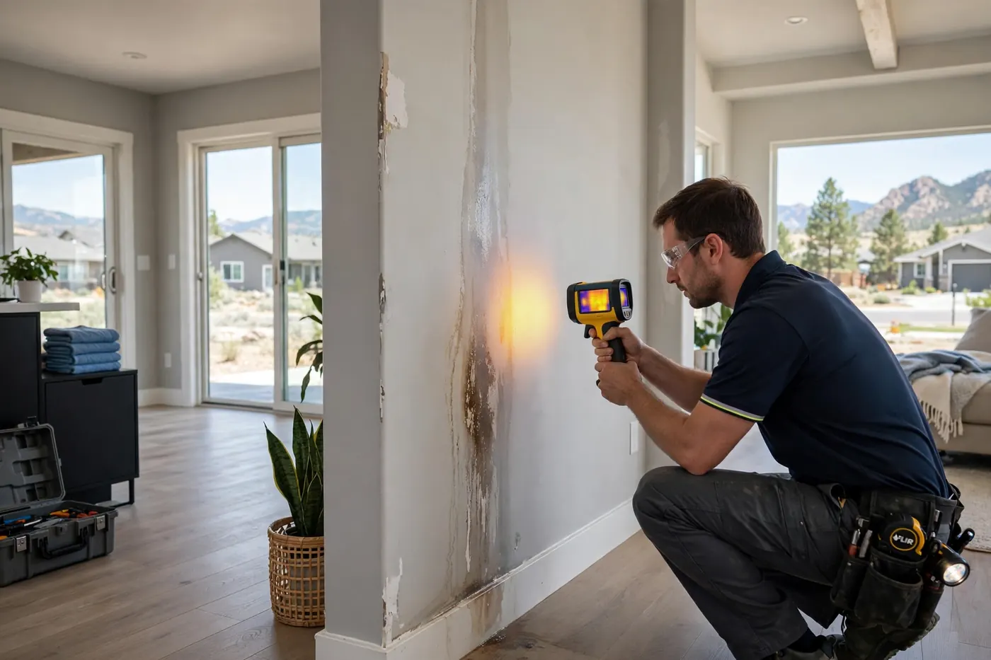 Technician tracing a wall water stain with a thermal camera at a Sterling Ranch home