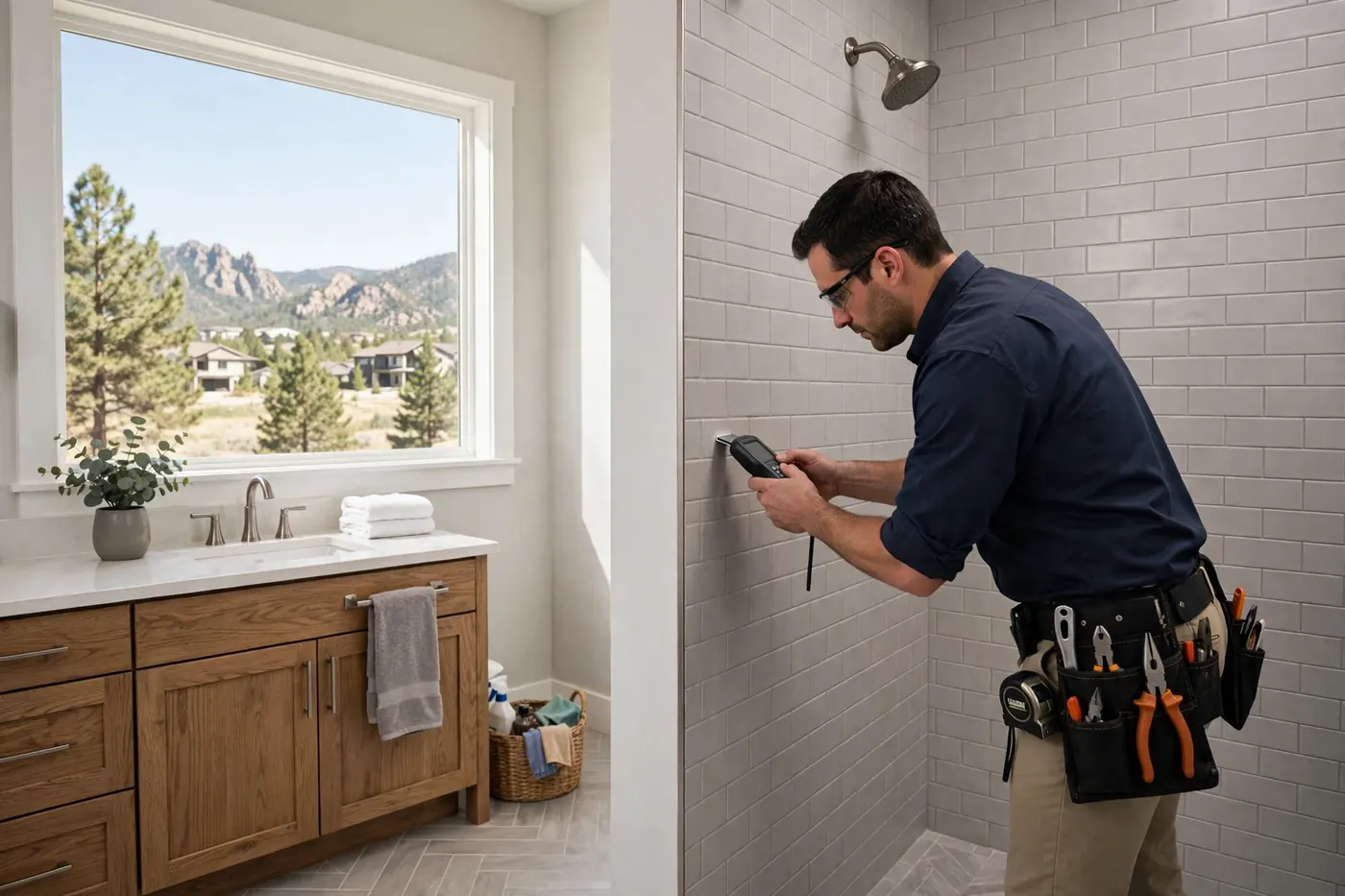 Technician checking a tiled shower wall for hidden leaks at a Stony Creek home