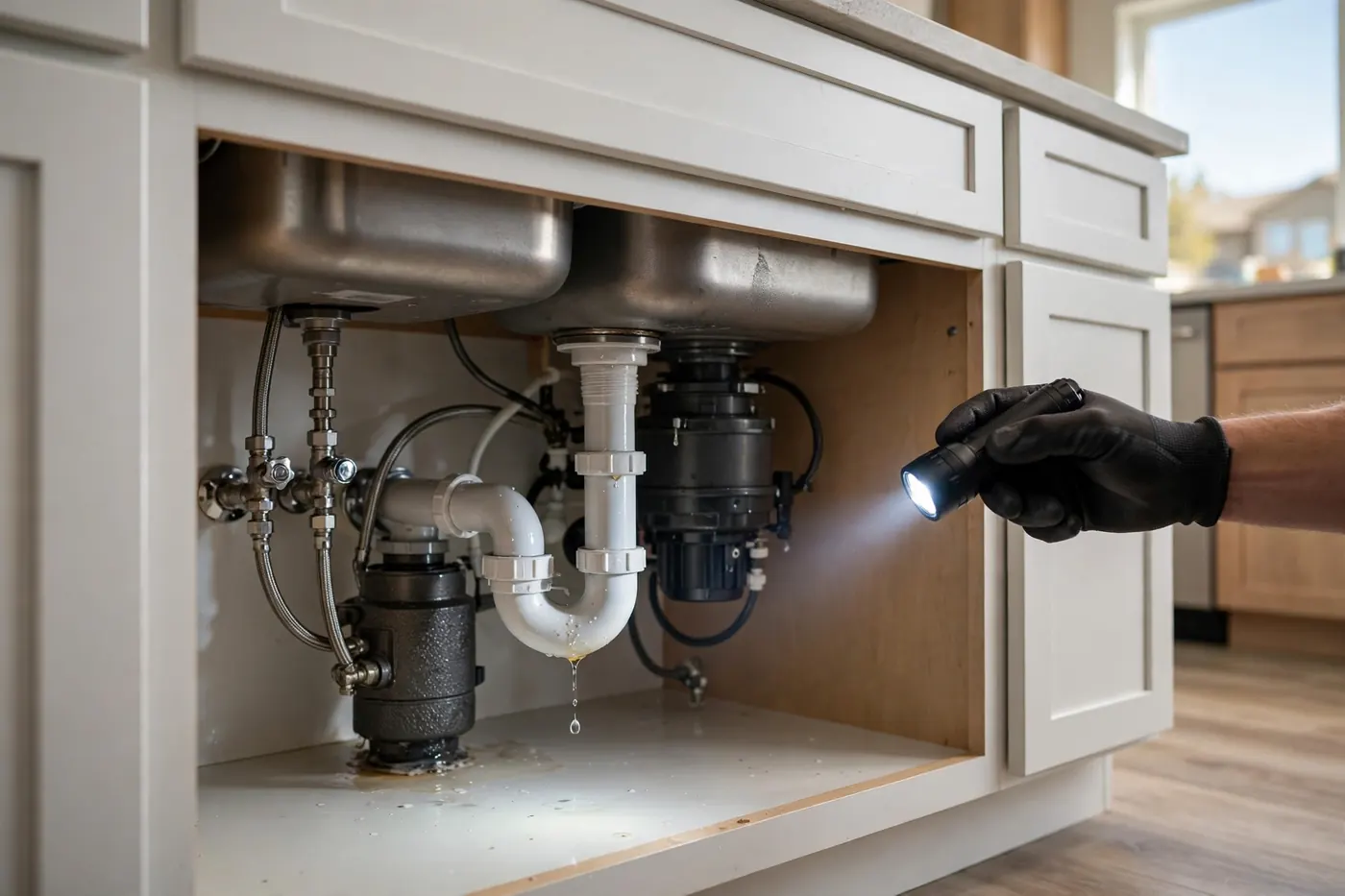Small drip under a kitchen sink lit by a flashlight at a Stony Creek home