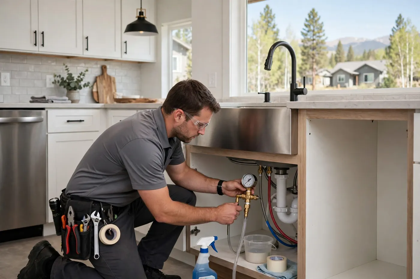 Technician pressure-testing kitchen sink supply lines at a Stony Creek home