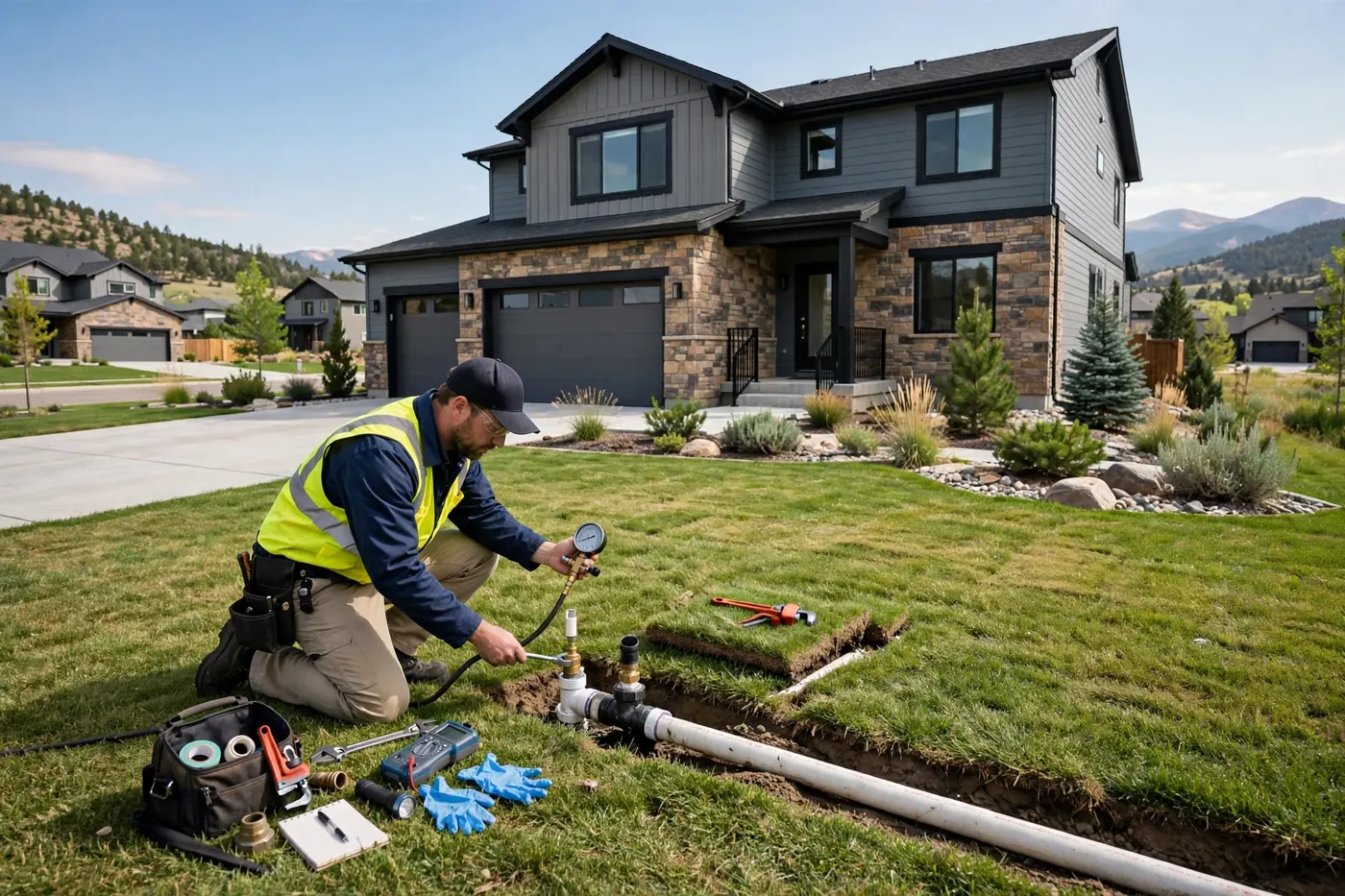 Technician testing a sprinkler line in a green front lawn in Trailmark