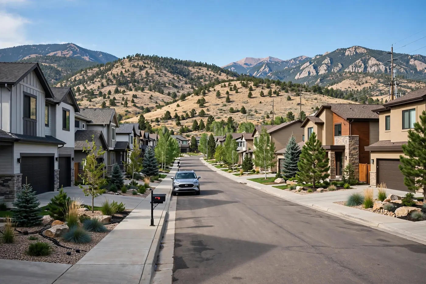 Suburban Trailmark neighborhood street with Rocky Mountain foothills behind