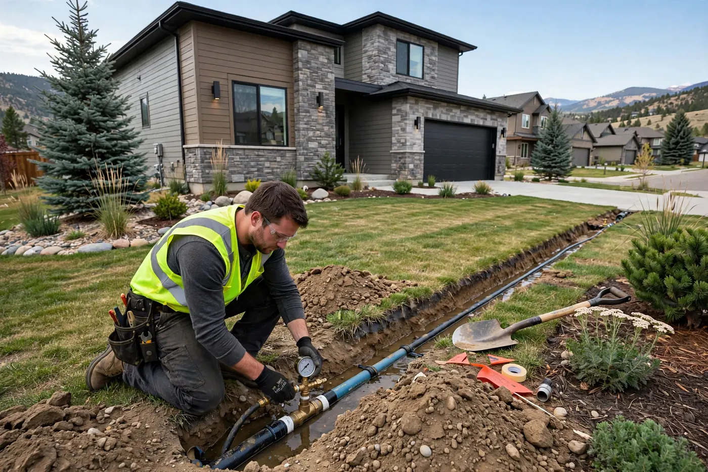 Technician testing an exposed water line in a front yard trench in Trailmark